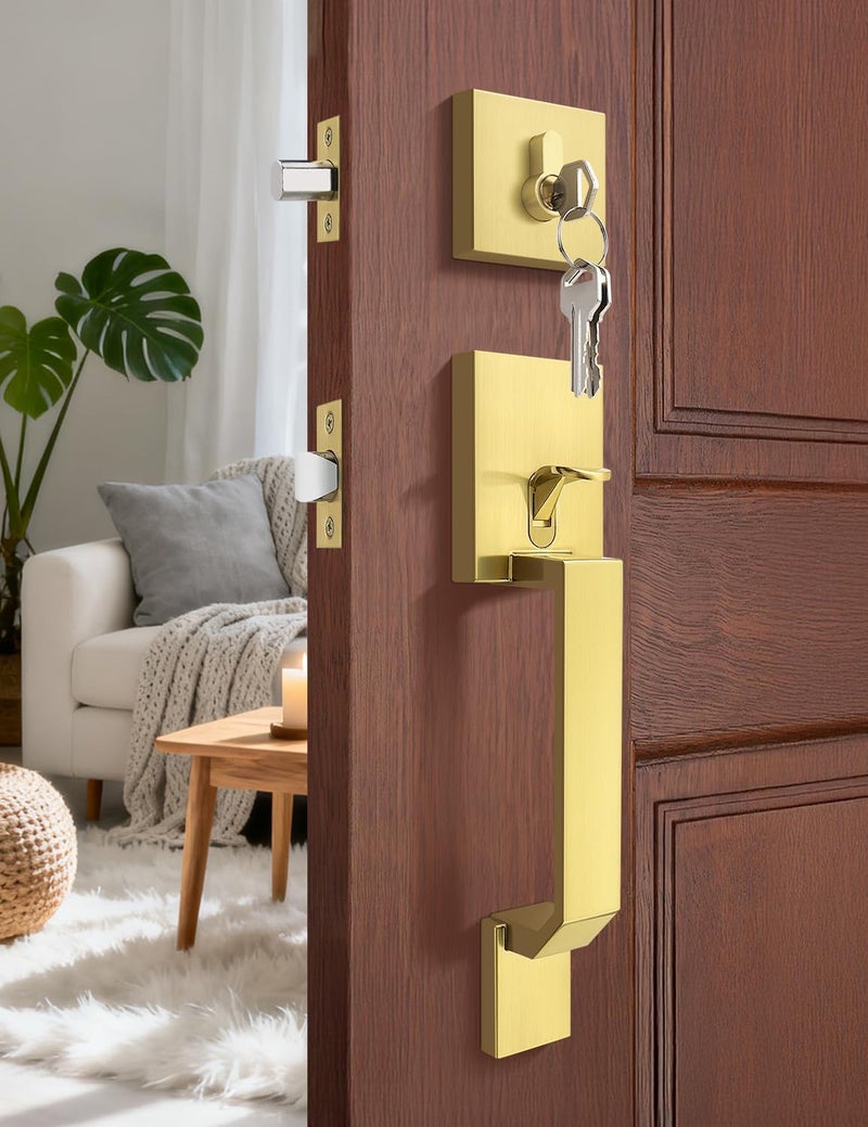 Tinewa Gold Square Front Door Handle with Classic Door Lever and Single Cylinder Deadbolt, Upgrated Exterior Entry Door Lock, Reversible for Left & Right Handed 1 Pack - Image 2